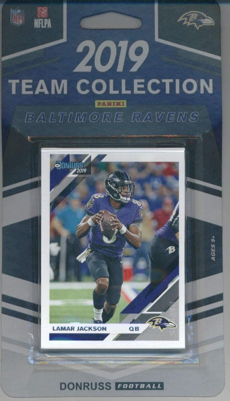 2019 Donruss Football Factory Sealed Baltimore Ravens Team Set of 10 Cards: Lamar Jackson(#25 ), Gus Edwards(#26 ), Willie Snead IV(#27 ), Justin Tucker(#29 ), Ed Reed(#32 ), Mark Ingram II(#172 ), Marquise Brown(#312 ), Miles Boykin(#330 ), Justice Hill(#333 ), Trace McSorley(#346 )