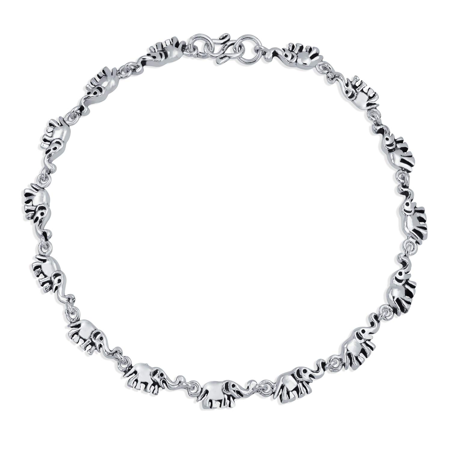 Bling Jewelry Boho Multi Lucky Caravan of Elephants Anklet Charm Ankle Bracelet For Women Teens Bali Style Oxidized .925 Sterling Silver 10 Inch