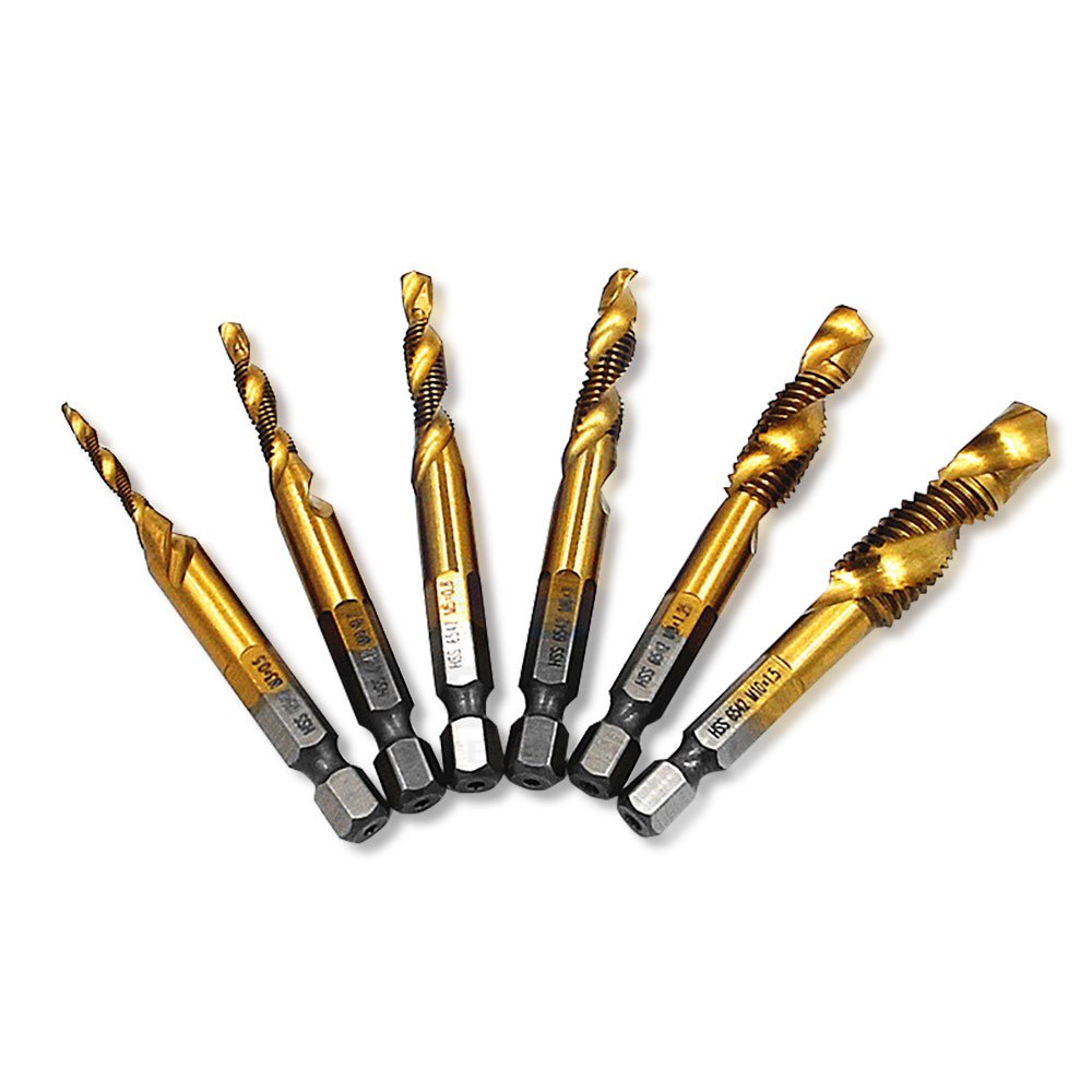 NUZAMAS Set of 6 Screw Thread Tap Drill Set Hex Shank HSS Titanium Plated Screw Spiral Point Thread Metric Plug Drill Bits M3 M4 M5 M6 M8 M10 Hand Tools