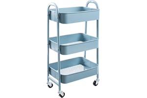 AGTEK Makeup Cart, Movable Rolling Organizer Cart, Grey-Blue 3 Tier Metal Utility Cart