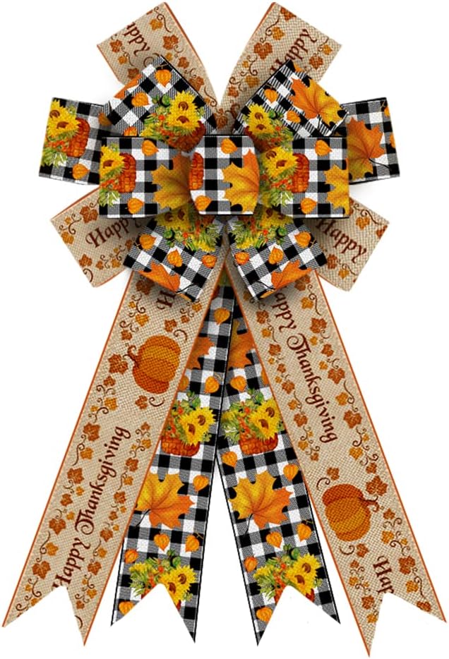 Bows & Ribbons - Large Fall Wreath Bows Thanksgiving Bows Pumpkin Words Buffalo Plaid Burlap Bows for Wreaths, Fall Bows Tree Topper Bows for Thanksgiving Home Indoor Outdoor Decoration Wreath Ornament Supplies