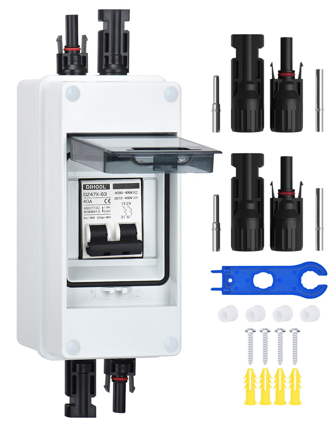 DIHOOL DC Circuit Breaker PV System Circuit Breaker Fuse Automatic 2-Pole 40A 12V (12V-400V) With Cable Solar Plug IP65 Waterproof Enclosure