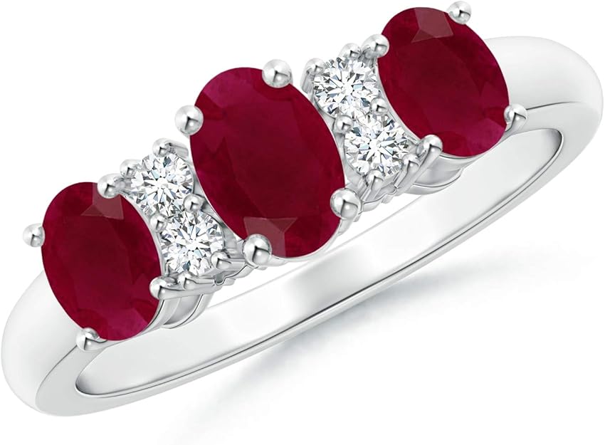 Oval Three Stone Ruby Engagement Ring with Diamonds in Platinum (6x4mm