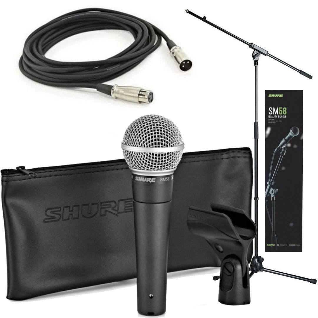 Shure Sm58 Quality Bundle With Sm58 Cardioid Dynamic Vocal Microphone, 15' Xlr Cable, Mic Stand, A25D Mic Clip And Storage Bag, Perfect For Onstage Or Studio (Sm58-Km-Som)