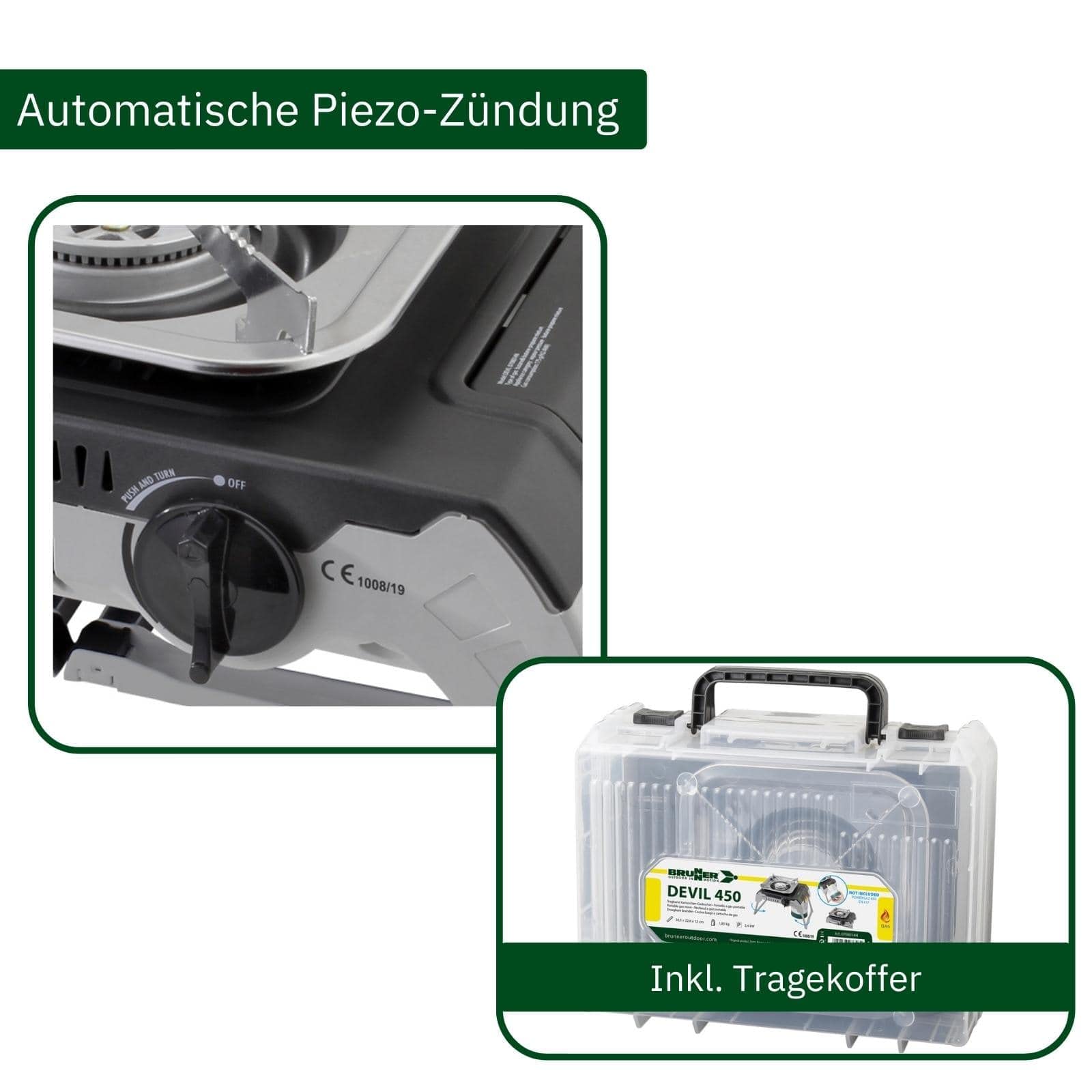 Brunner 0708014N Devil 450 Tragbarer Camping-Gaskocher, faltbar, Verwendung mit Kartuschen mit Gewinde von 450 g, Leistung 2,4 kW, mit Transportkoffer, Grau 5