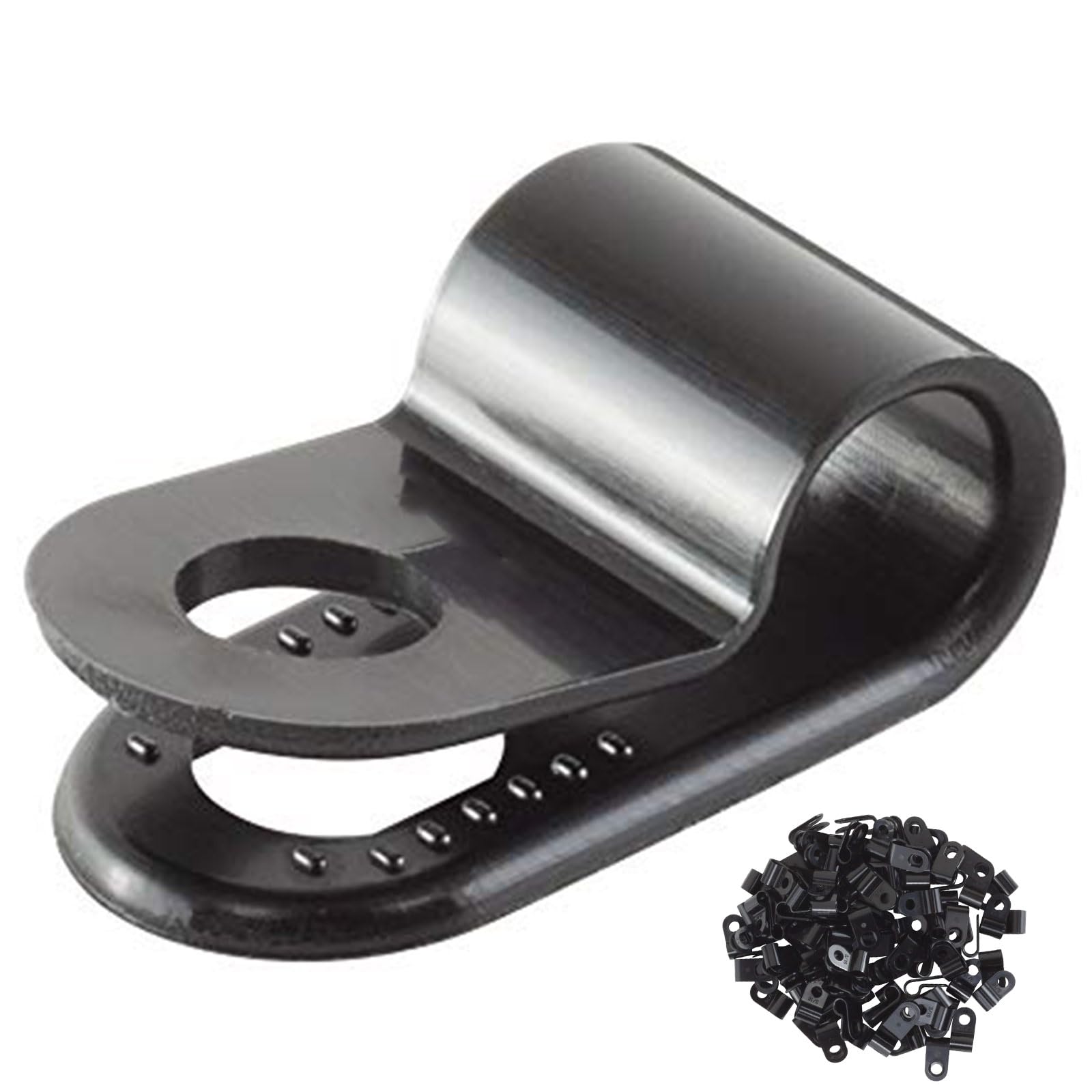 100 Pack of Black Nylon P-Clips, 5.0mm (3/16”) Diameter, Plastic Cable Clips