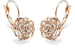 NEWZENRO Blooming CZ Filigree 3D Rose Flower Crystal Leverback Dangle Drop Earrings for Women Sensitive Ear Sweet Dangling for Lovers Wedding Elegant Diamond Jewelry Gifts Hypoallergenic Her Girlfriend Valentines Day