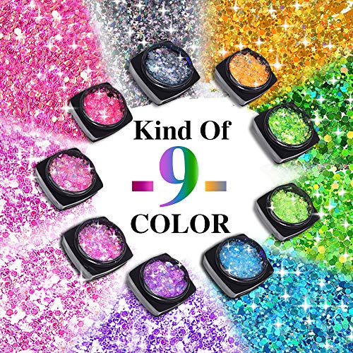 Holographic Chunky Glitter Gel Set - 9 Colors Cosmetic Festival Chunky Glitter for Body, Face, Hair, Nail, Crafts, Eyes, No need Glue for Halloween Party Makeup