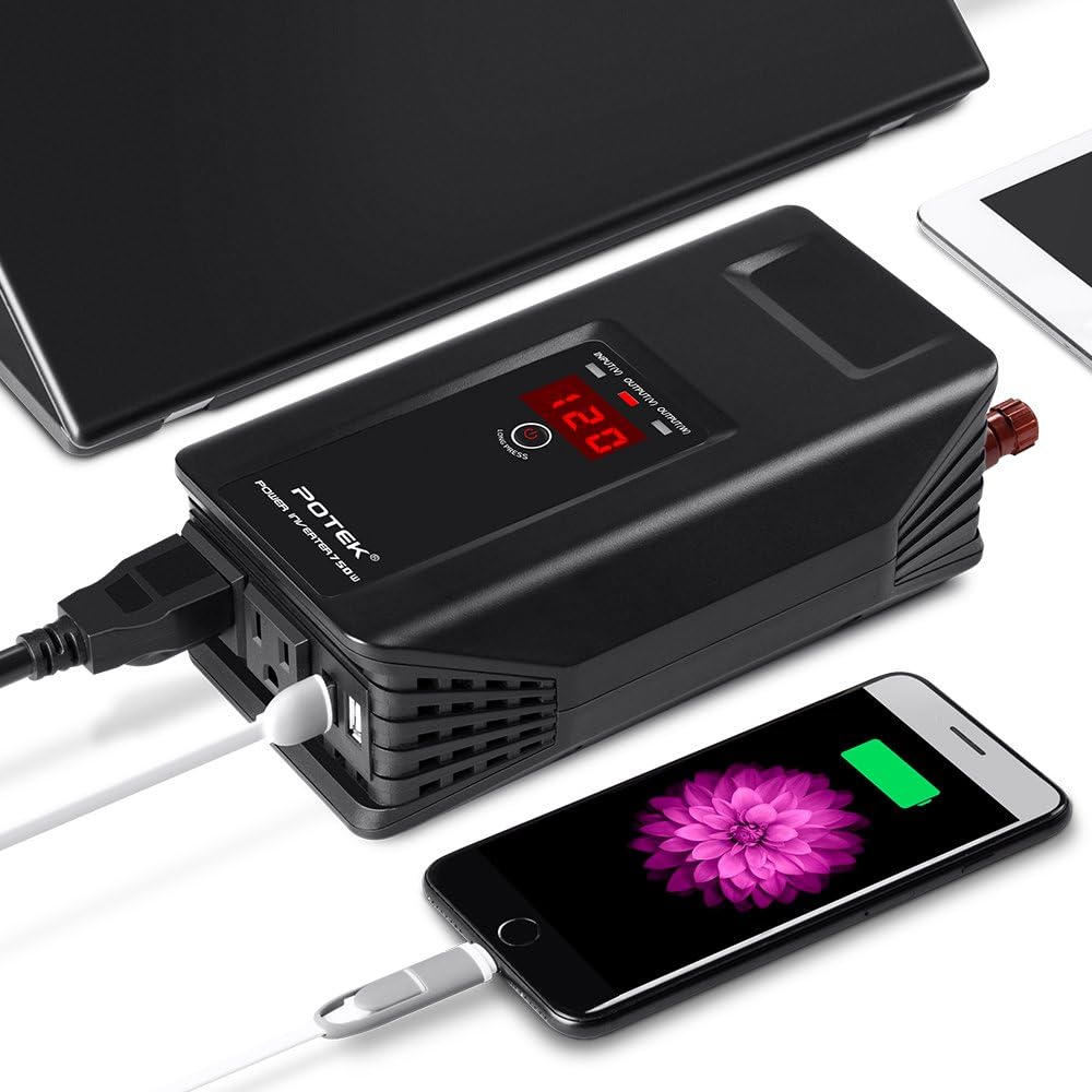 POTEK 750W Power Inverter 12V DC to 110V AC Car Adapter with Two USB and AC Charging Ports for Laptop,Tablet, Smartphone,Camera and More: Automotive
