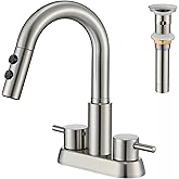 Kablle Bathroom Faucet with Pull Down Sprayer 3 Holes, Brushed Nickel 4 inch 2 Handles Centerset Laundry Bar Basin Pull Out Bathroom Sink Faucet with Pop-Up Drain, KBL-6002BN