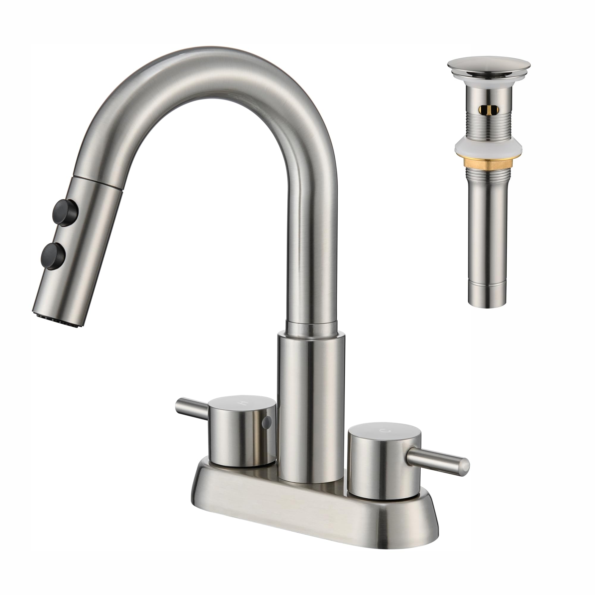 Photo 1 of Kablle Bathroom Faucet with Pull Down Sprayer 3 Holes, Brushed Nickel 4 inch 2 Handles Centerset Laundry Bar Basin Pull Out Bathroom Sink Faucet with Pop-Up Drain, KBL-6002BN