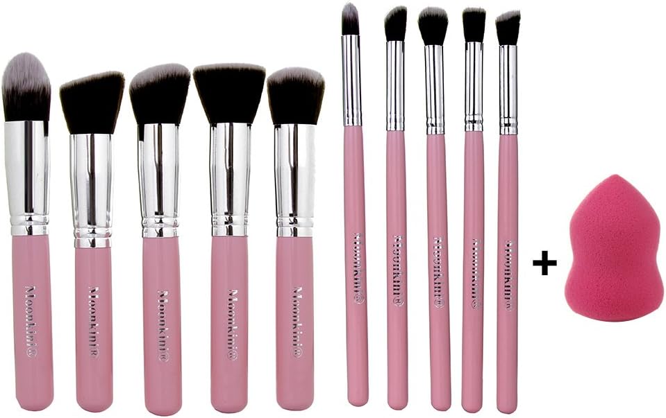 Moonkini 10pcs Powder Blush Foundation Contour Makeup Brushes Set Cosmetic Tool(pink+silver)