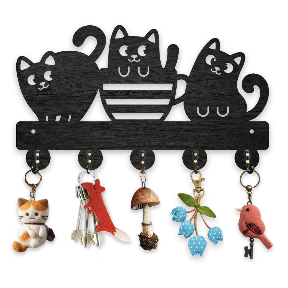 MAYJOYDIY Wooden Fat Cat Key Hook Wall Mount 30 x 17.3cm Animal Themed Wall Decor Coat Hangers Black Cup Cat Art Key Rack with 5 Alloy Hooks for Entryway Bedroom Living Room