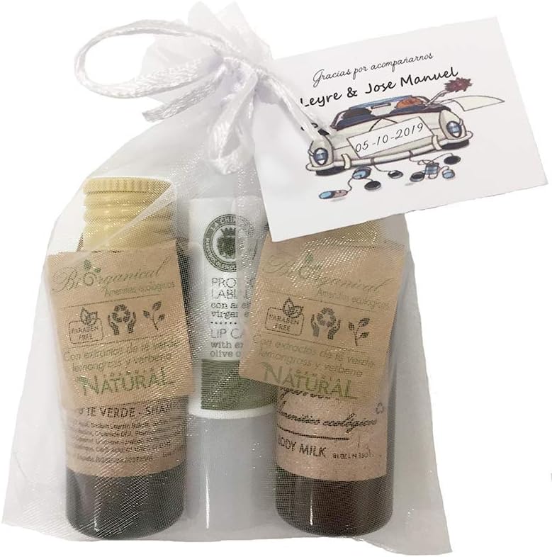 Souvenir of Communion of Cosmetics with Bodymilk Miniatures and Shampoo, and Protective Lip in Organza Bag UD (Pack 24)