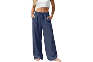 Linen Pants Women Wide Leg Summer Loose Beach Pants for Women with Pockets Vacation Lightweight Straight Leg Trousers