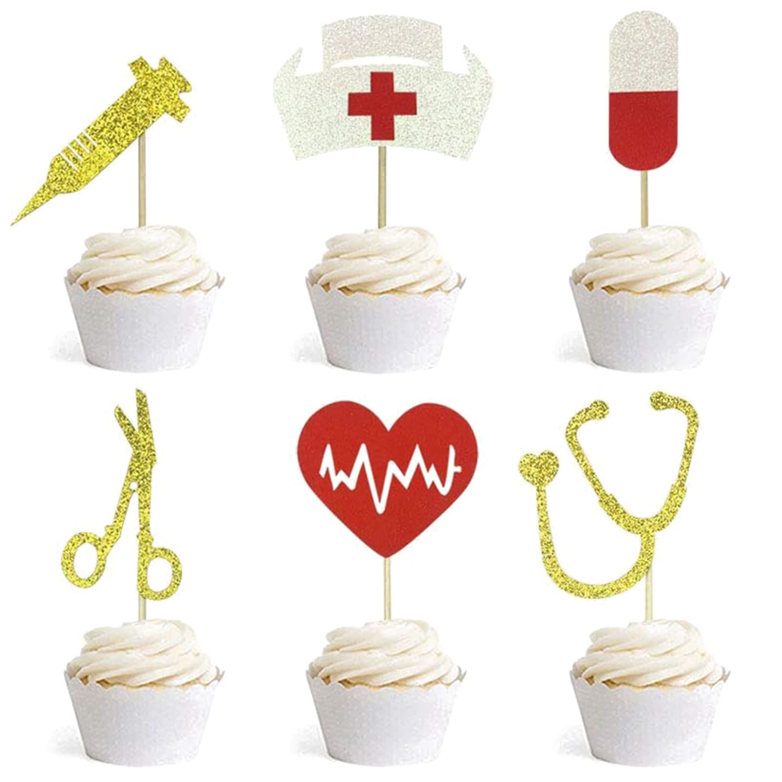 Bymivofun 24 Glitter Nurse Graduation Cupcake Toppers, Cake Decorations for Nurse Theme Party