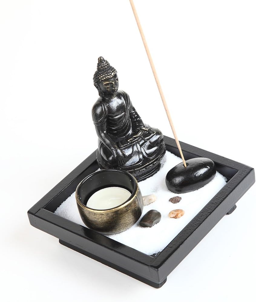 Japanese Zen Garden Kit Thai Sitting Buddha Ornament Statue Candle Holders Natural Stone Rattan Incense Gift Set (Sitting Budha HD38) - Image 3