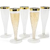 Prestee Set of 24 Plastic Champagne Flutes with Gold Rim - 4.5 oz - Shatterproof Disposable Glasses for Weddings, Cocktail Parties, and Outdoor Celebrations