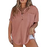Eytino Plus Size Button Down Shirts for Women Casual Waffle Knit Tops Short Sleeve V Neck Dreesy Blouse Tunic(1X-5X)