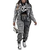 Voghtic Women's Two Piece Denim Outfits Long Sleeve Zipper Jean Jacket Cargo Pant Matching Sets