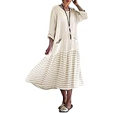 chouyatou Women's Loose Fit Cotton Dress Oversized Striped Printed Long Sleeve Tunic T-Shirt Dress