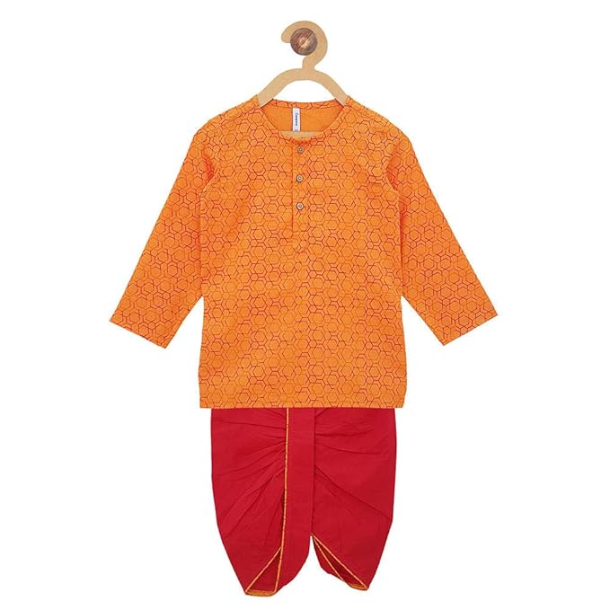 Campana By Hopscotch Boys Cotton Geometric Print Dhoti Kurta Set in Yellow Color
