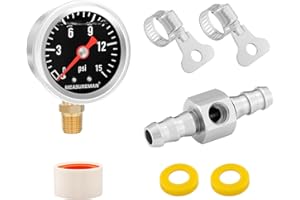 MEASUREMAN 0-15 Psi Glycerin Filled Fuel Pressure Gauge, 1.5” Dial, 304 Stainless Steel Case, 1/8” NPT Lower Mount, with 3/8”