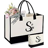 Personalized Gifts for Women - Initial Canvas Tote Beach Bag & Makeup Bag, Unique bags for Christmas, Birthday, Holiday, Wedding, Monogram Birthday Gifts for Women, Wife, Friends, sisters, Mom (S)