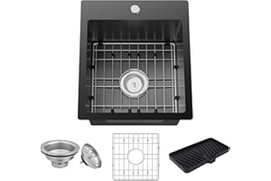 FAUENPEEY Black Kitchen Sink,15x17 Inch Bar Sink Stainless Steel Drop In Small Kitchen Sink Ideal Choice For Small Spaces Topmount Sink With Bottom Grid,Soap Mat And Drain Assembly Serve Both Kitchen And Bar