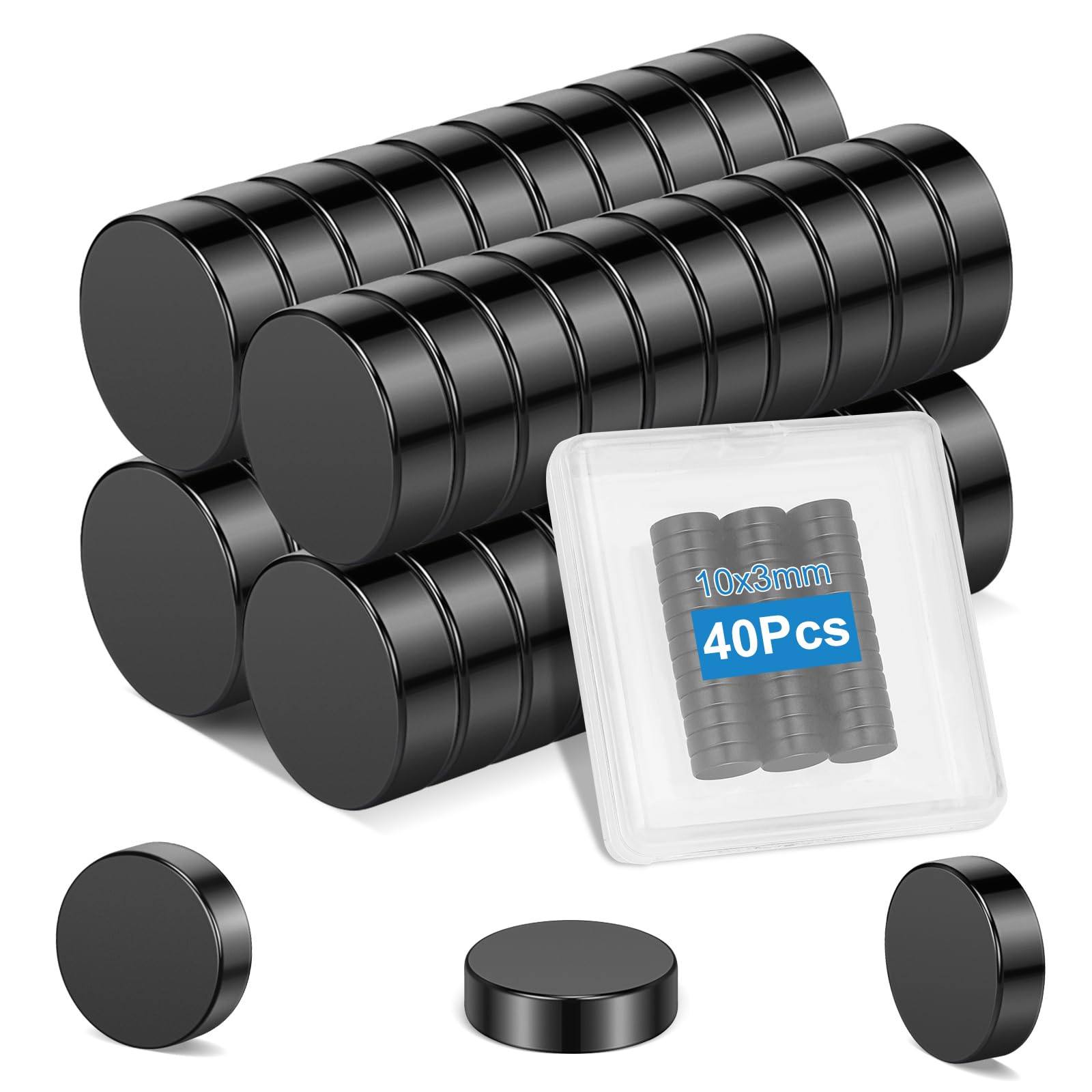Wzone 40PCS Small Black Magnets for Crafts & Office - 10x3 mm Round Magnets for Whiteboard, Photos & DIY