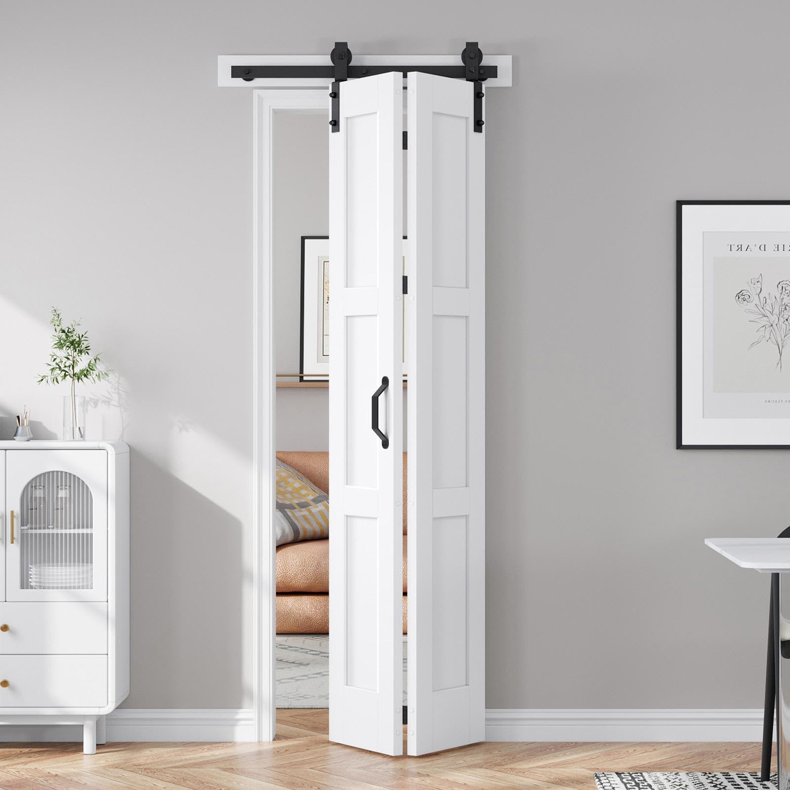 Photo 1 of (used) FREDBECK 30X84(Double 15x84) White Bifold Barn Door Sliding Bi fold Doors Bi-fold Folding with 34" Hardware Kit & Handle,Solid MDF