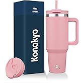Konokyo 40 oz Tumbler with Handle and 2 Straws,2 in 1 Lid Insulated Water Bottle Stainless Steel Travel Coffee Mug,Pink