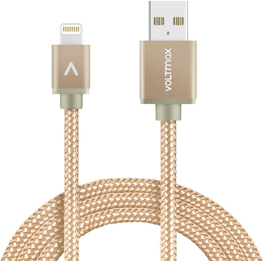Apple MFi Certified Lightning Cable, Voltmax Nylon-Braided iPhone Charger with Reinforced Aramid Fiber for iPhone X iPhone 8/8Plus, iPad, Air pods&More(Gold-6ft)