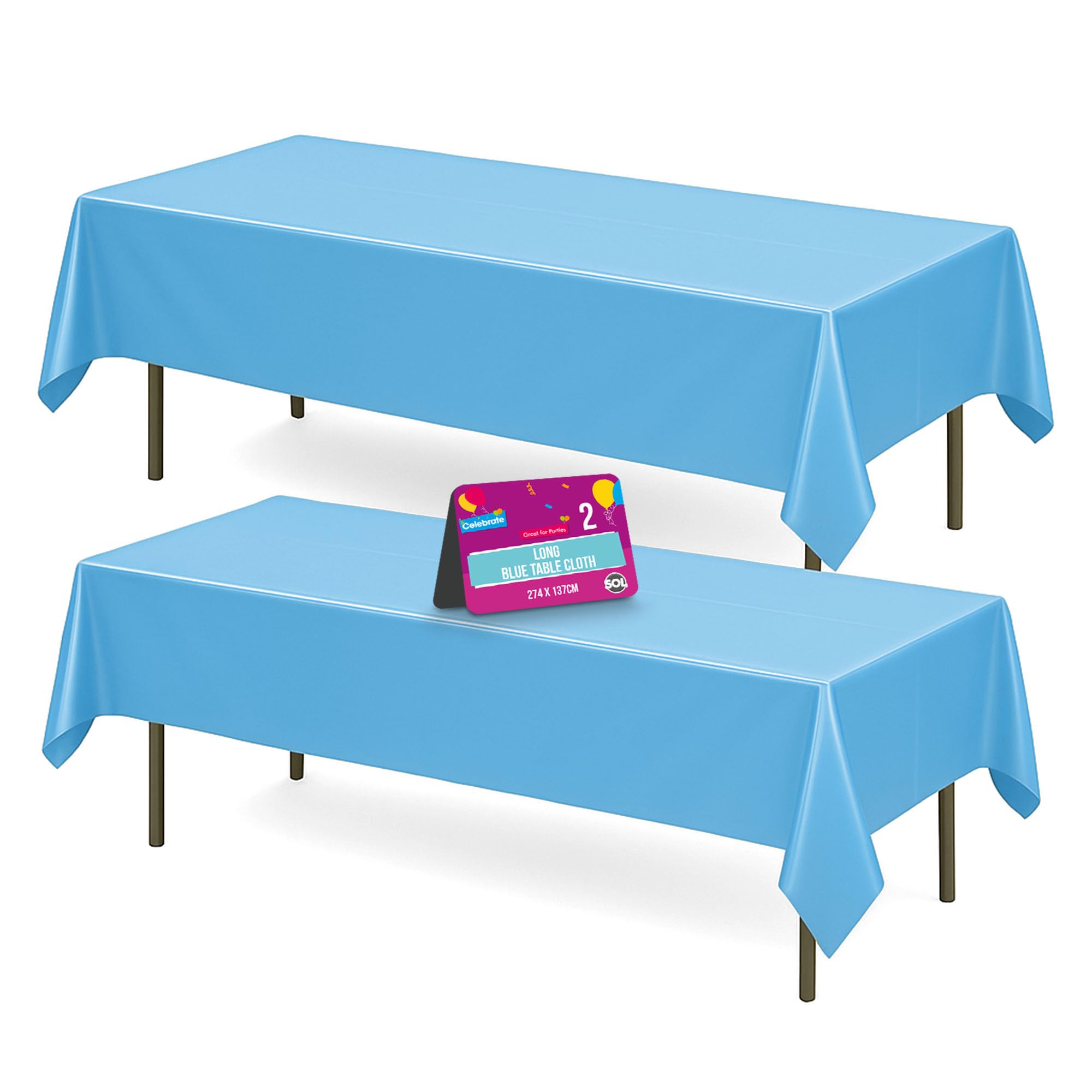SOL 2pk Long Blue Table Cloths Party Party 274x137cm Disposable Plastic Cover. Heavy Duty Spill Protection: Opaque Design for Boys Birthdays, Christening, Communion, Gender Reveals, Weddings & Events.