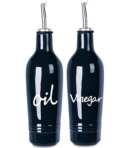 HAOTOP Farmhouse Ceramic Oil & Vinegar Dispenser Set – 13 Oz Bottles, Red Letter Design, For Kitchen & Dining - View #9