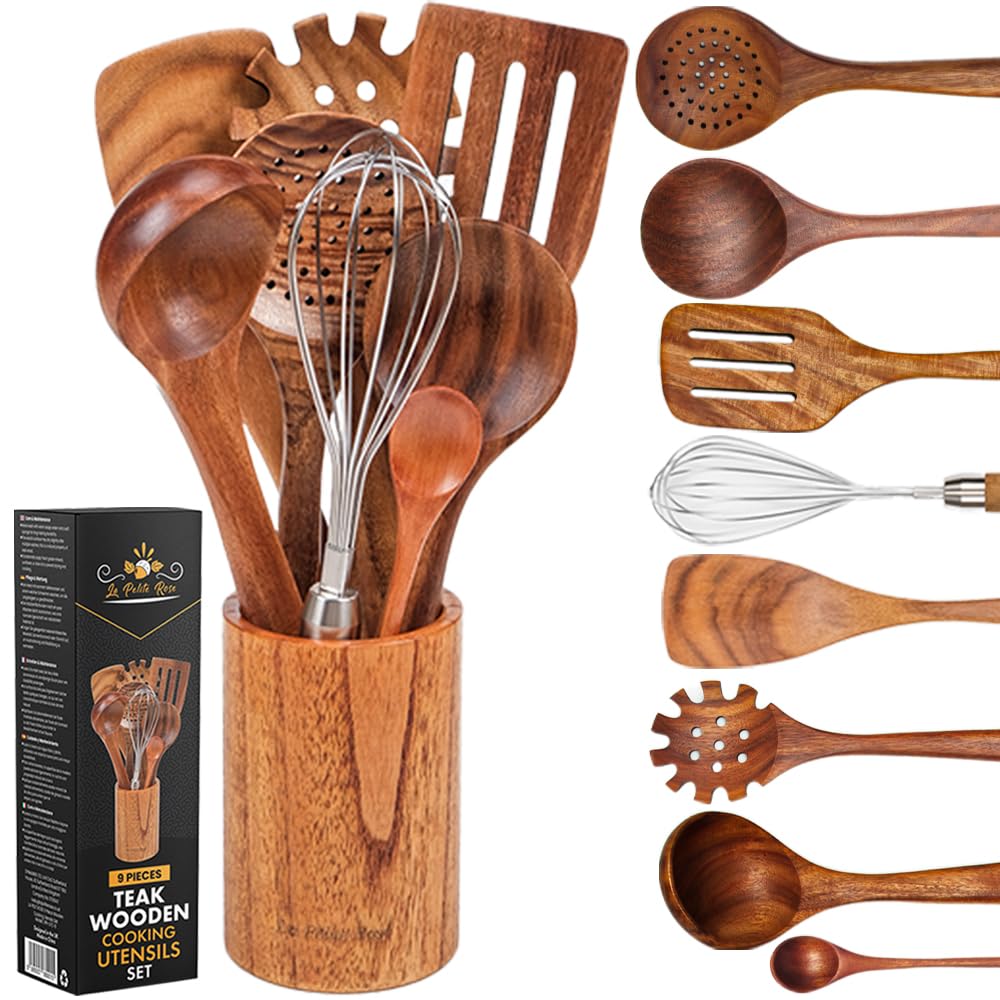 Teak Wooden Cooking Utensils Set - 9 Pieces–La Pelite Rose–Serving Spoons, Ladle, Spatulas, Whisk – Sturdy,Strong, Durable, Heat Resistant Kitchen Set-Housewarming Gift
