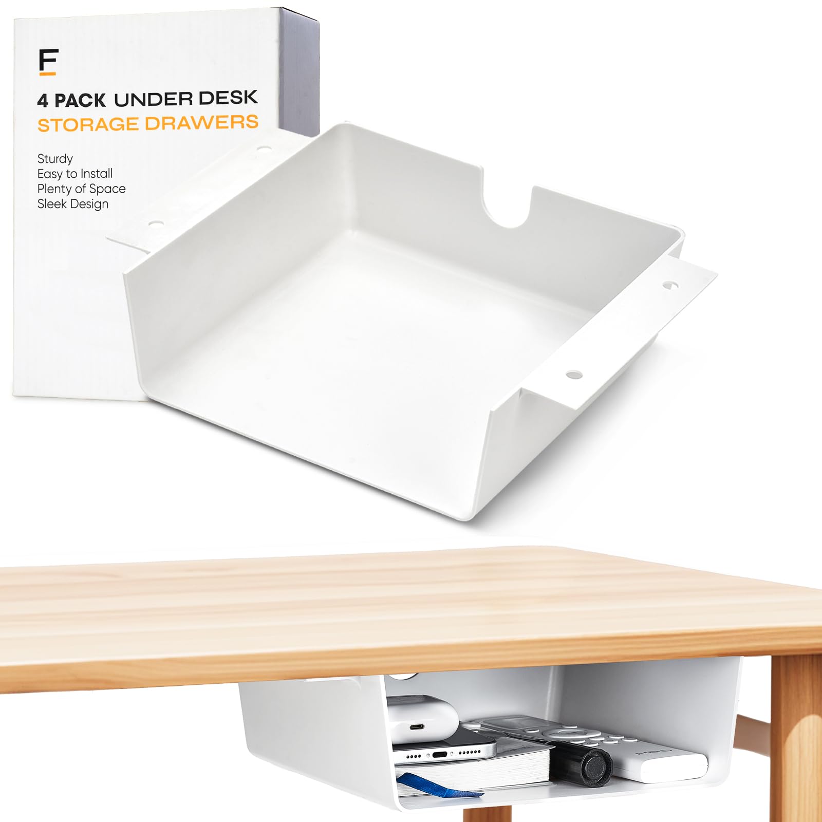 Photo 1 of OrgaFocus 4 Pack Under Desk Hanging Shelf Drawer Organizer, Attachable Plastic Hidden Storage Tray, Easy Adhesive Mount Holder for Standing Tables, Office, Counters, Cabinets, Workstations - White