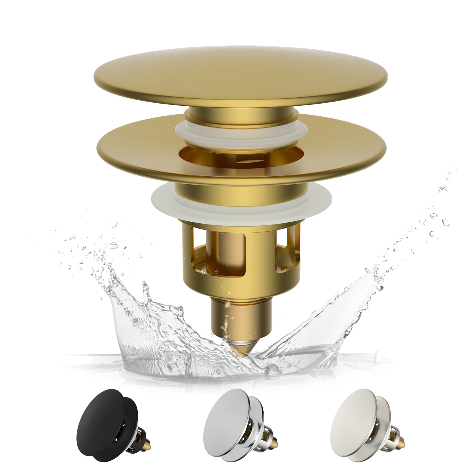 Hibbent Pop up Sink Plug with Drain Strainer, Brass Bounce Core Push-Type Drain Plug, Suitable for 1.1'' to 2.36'' (28-60mm), Universal Sink Stopper Replacement for Bathroom Basin, Brushed Gold