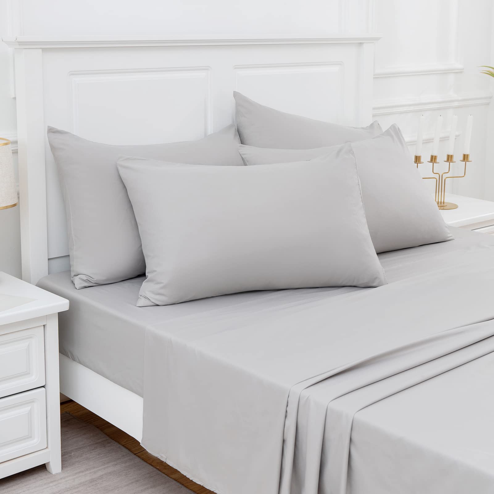 Overket Queen Sheet Set Ultra Soft Queen Bed Sheets 1800 Series Luxury Cooling Sheets-100% Microfiber-Breathable-Wrinkle Free - Queen Size Grey-4PC