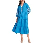 Ladyful Womens Summer Tiered Maxi Cotton Dress Tassel Embroidered 3/4 Sleeve V Neck Flowy Fall Vacation Beach Dress