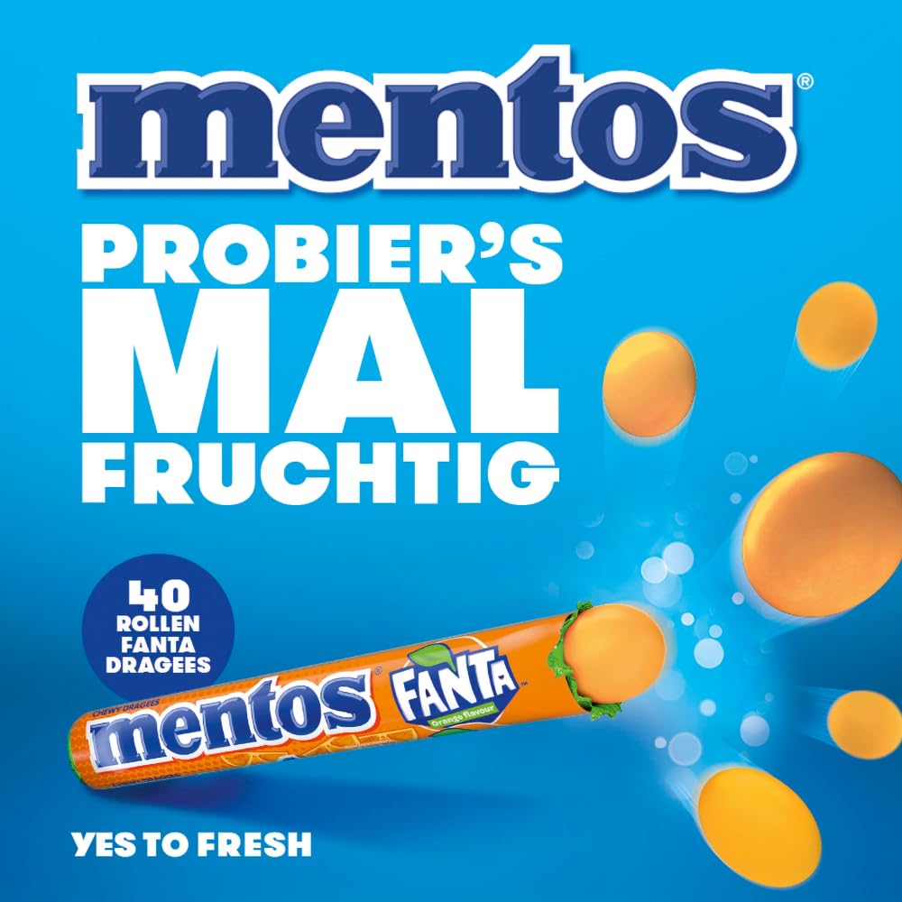 Mentos Fanta Dragees, Frucht-Bonbons mit Original Fanta-Flavour, Kaubonbons mit fruchtigem Orangen-Limonaden Geschmack, Süßigkeiten Multipack (40 Rollen), vegan 2