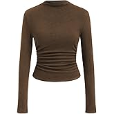 CIDER Mock Neck Tops for Women Thermal Shirts Long Sleeve Ruched Going Out Tops Basic Tee Slim Fit Fall Top