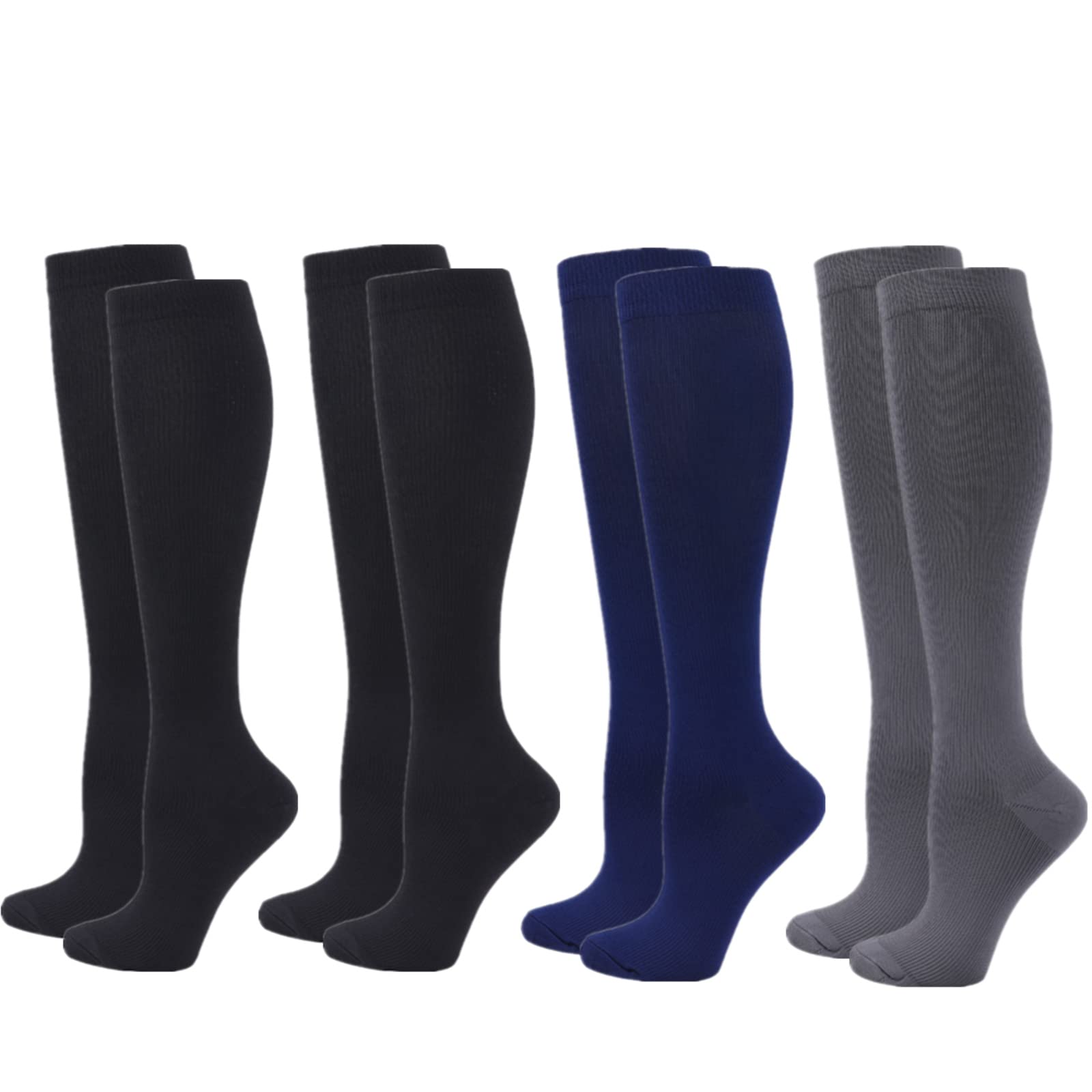 Compression Socks for Women Men, 4 Pairs 20-25mmHg Flight Socks Compression Stockings for Sport, Athletic, Edema, Diabetic, Varicose Veins, Travel, Pregnancy, Nursing (L/XL, Black Black Blue Grey)