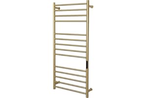 MEIJIELUO Gold Wall Mounted Heated Towel Rack, Towel Warmers Rack for Bathroom, Timer & Temperature Control Electric Towel Drying Rack (14 Bars Brushed Gold A, Hardwired)
