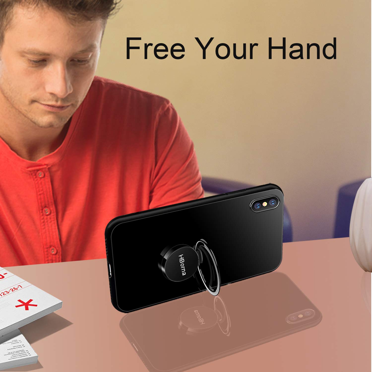 HBorna iPhone X Hülle，Kratzfest Gehärtetes Glas Rückschale Schutzhülle & Schutzfolie TPU Bumper mit 360 Grad drehbarer Ring Ständer for Apple iPhone X, iPhone 10 (Schwarz)