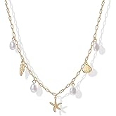 PAVOI 14K Gold Plated Beach Charm Necklace for Women - Dainty Paperclip Chain Trendy Beachy Multi Charm Necklace - Gold Ocean Summer Jewelry with Freshwater Pearl, Sea Shell, Starfish