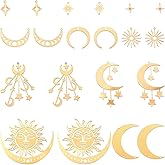 SUNNYCLUE 1 Box 19Pcs 10 Styles Filigree Star Charms Flat Connector Link Charms Brass Gold Hollow Sun Moon Retro Vintage Joiners Links Pendants Findings for Jewelry Making Necklace Bracelet DIY Craft