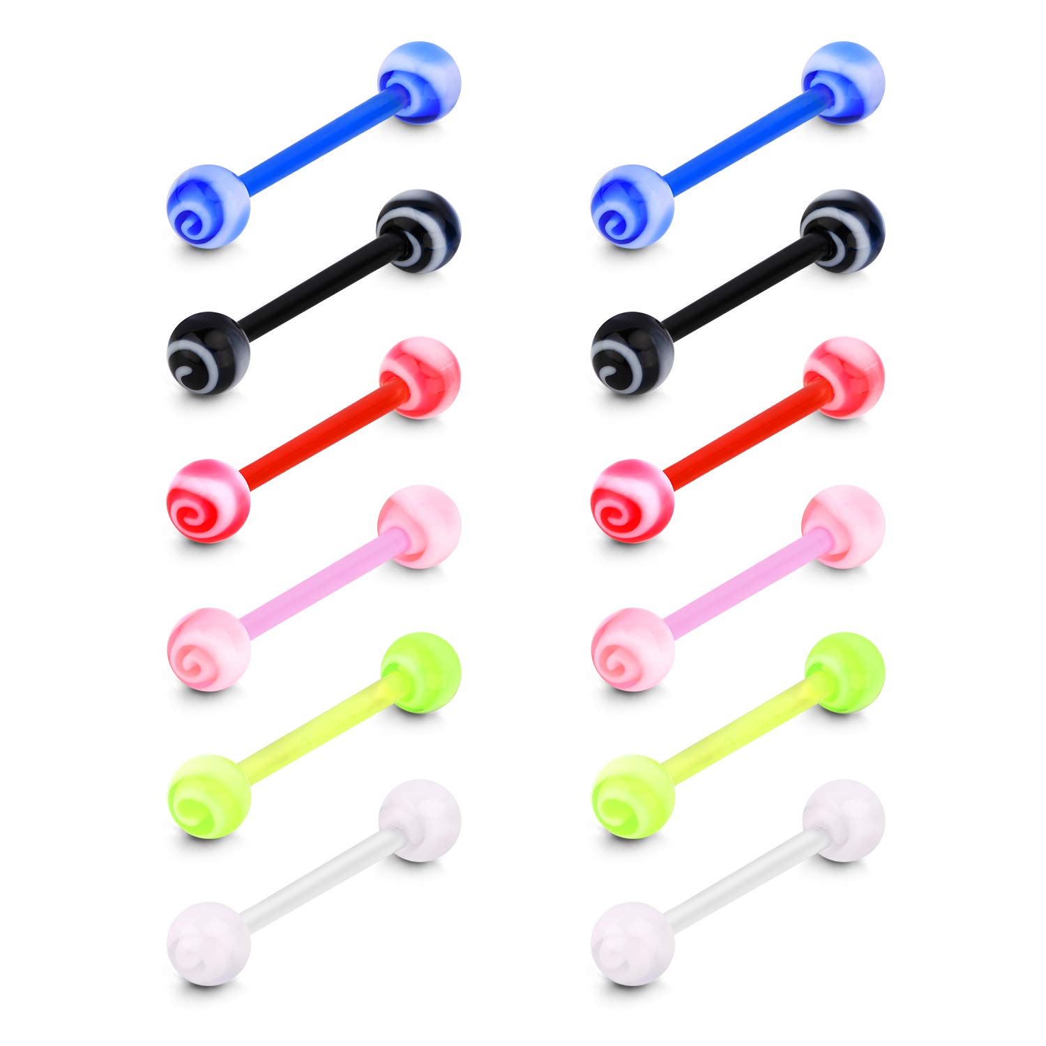 FECTAS 6 Pairs Plastic Tongue Bars Nipple Ring Set Bioflex Flexible 16mm Barbell 14G Acrylic Piercing
