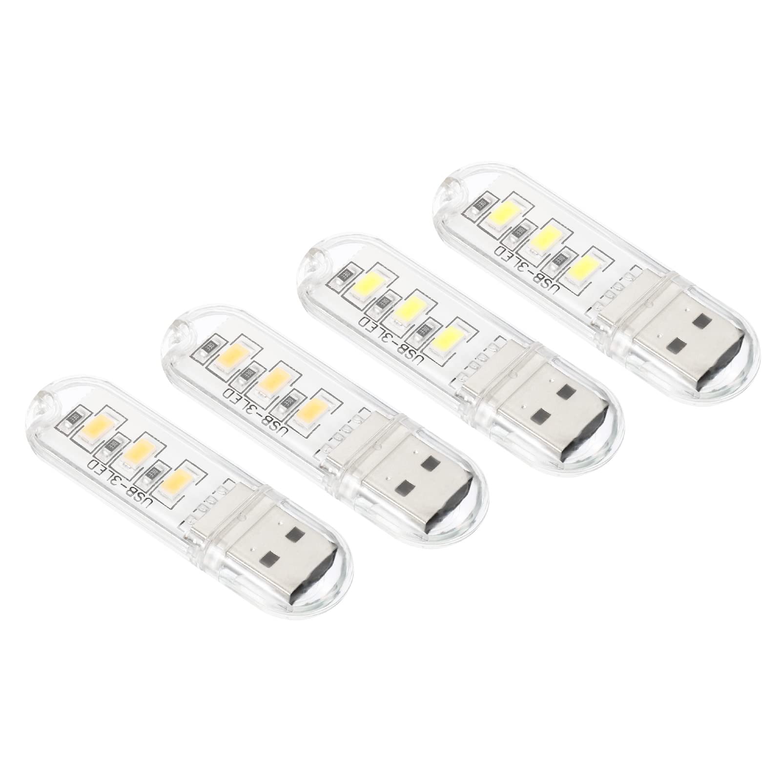 PATIKIL USB Night Light, 4 Pack Portable Plug-in Mini LED Lamp Stick 3 Beads for Home Decor Reading Sleeping Camping, White, Warm White
