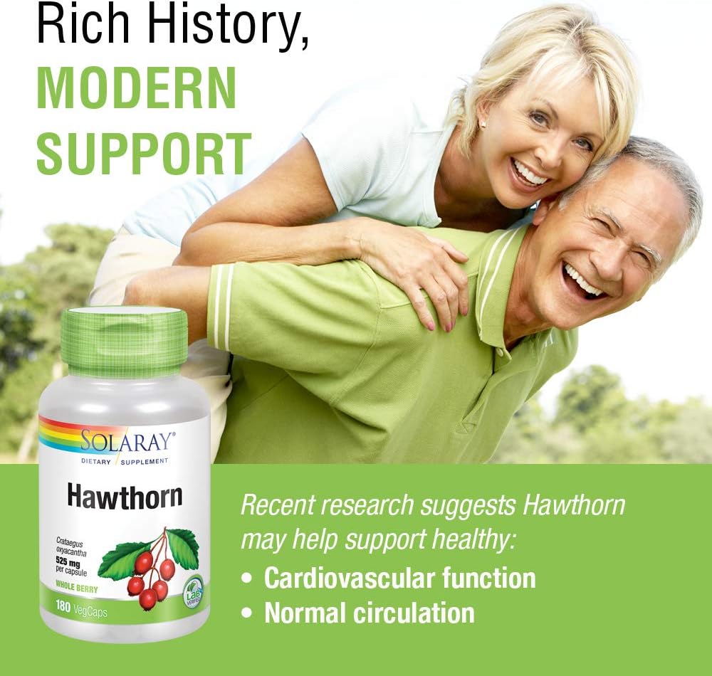 Solaray Hawthorn Berry 525mg | Healthy Cardiovascular Function & Normal, Healthy Circulation | Whole Berry | Non-GMO & Vegan | 180 VegCaps: Health & Personal Care